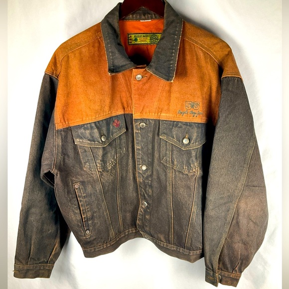 Vintage 90s Bulge Boy Men Denim Jacket XL Gold Crest 56 Two Tone Brown Blue Rare - Picture 2 of 13